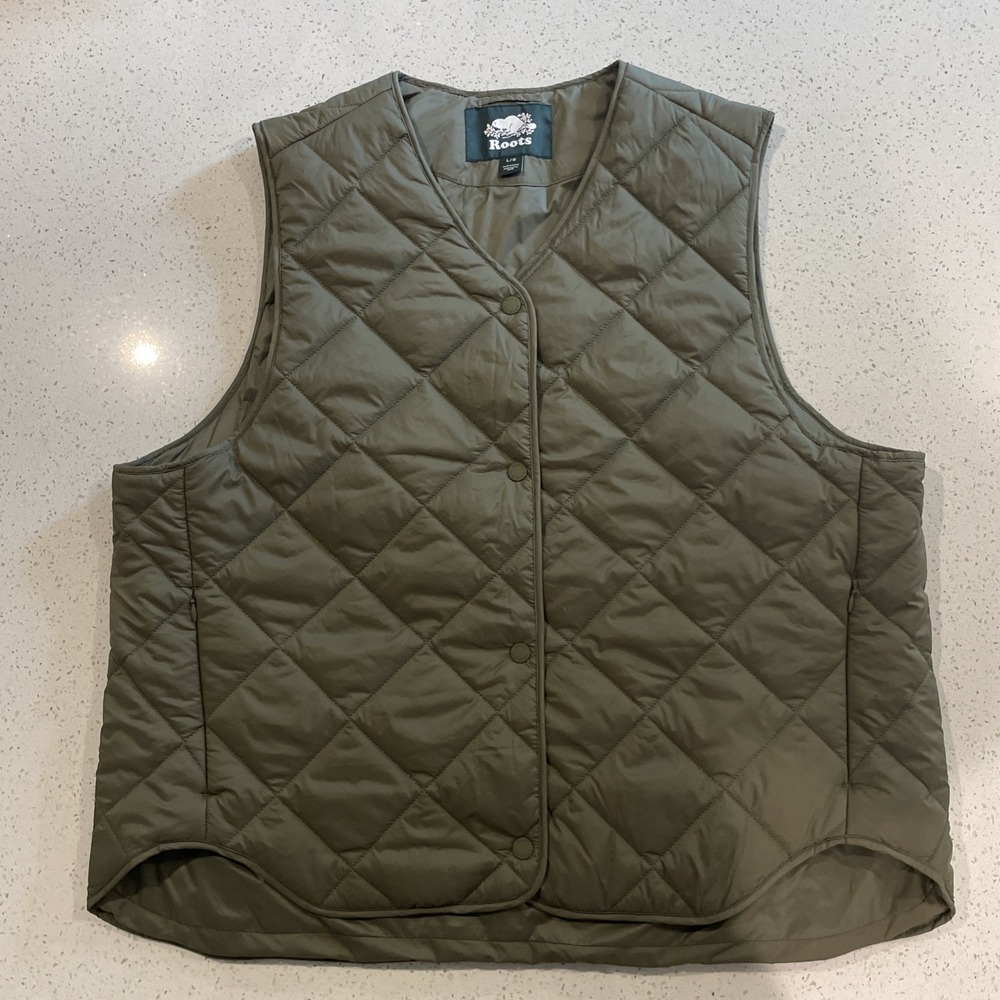 Roots Softshell Quilted Vest Women's Size L Green Button Up